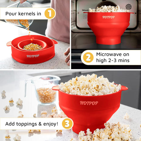 POPCO Microwave Popcorn Bowl - Silicone Snack Popper with Handles, Collapsible Design, Dishwasher Safe (Red)