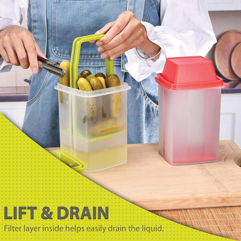 Home-X Pickle Container with Strainer - BPA Free Jalapeno Holder for Mess-Free Food Storage, Easy Open Lid Design