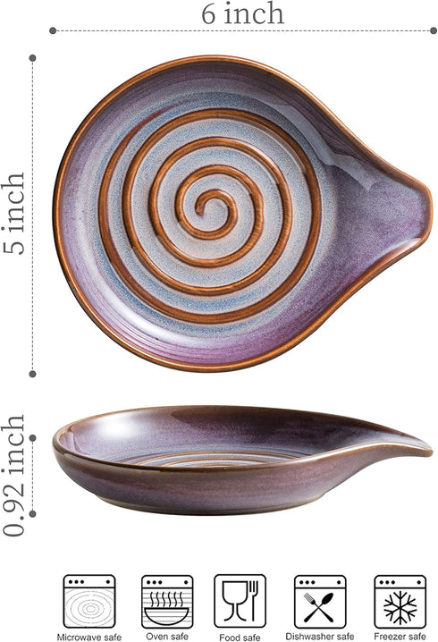 Ceramic Spoon Rest - Deep Drip Tray Holder for Stove Top Utensils, Cooking Spoon Holder with Handle, Purple