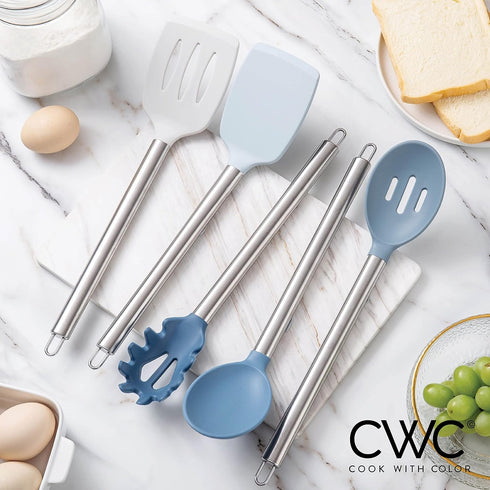 COOK WITH COLOR Silicone Cooking Utensils, 5 Pc Kitchen Utensil Set, Easy to Clean Silicone Kitchen Utensils, Cooking Utensils for Nonstick Cookware, Kitchen Gadgets Set (Blue and White) by COOK WITH COLOR
