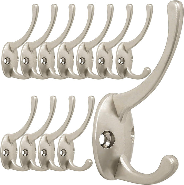 IBosins 12 Pack Silver Coat Hooks, Wall Mounted with 24 Screws, Retro Double Hooks for Coat, Scarf, Bag