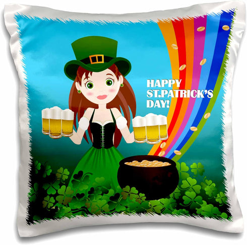 3dRose Girl with Beer Celebrating Saint Patrick Day Pillow Case, 16 by 16"