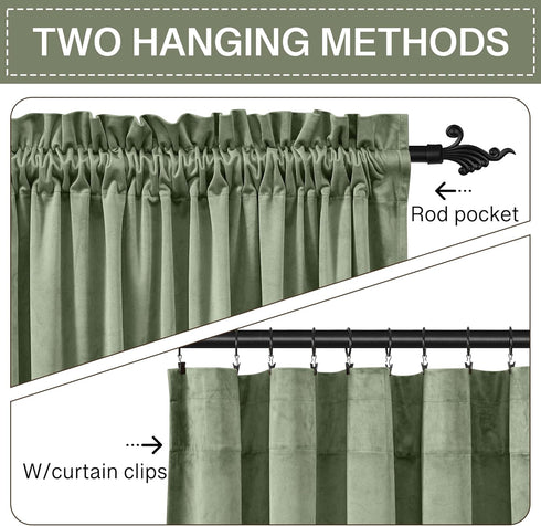 W52 L84, 2 StangH Sage Green Velvet Curtains - Rod Pocket Room Darkening Curtain Panels Heritage Plush Heat Insulation