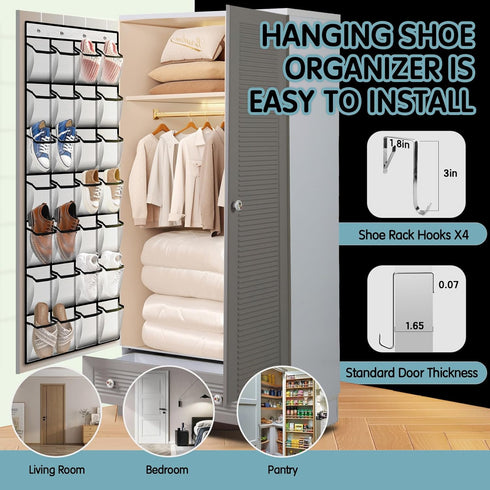 Kotkn 28 Closet Women,White-01) Compartment Over the Door Shoe Organizer, Breathable Mesh Large Shoe Rack for Storage