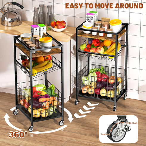 3-Tier Fruit Vegetable Cart, Snack Kitchen Cart on Wheels & Wood Top, Utility Shelf Rack Organizer for Fruit