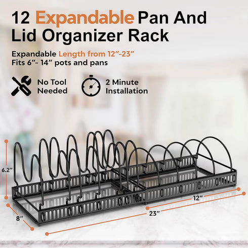 Expandable Pot and Pan Organizer Rack - Space-Saving Kitchen Cabinet Storage Solution