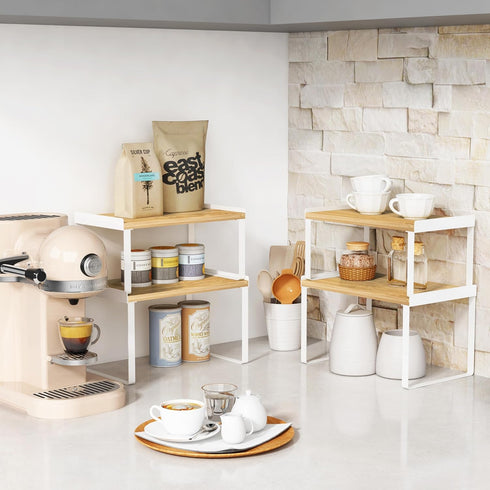 Kitchen Cabinet Organizer Shelf Set of 4, Stackable Countertop Storage Rack for Pantry Spices, Plates, Desk Books