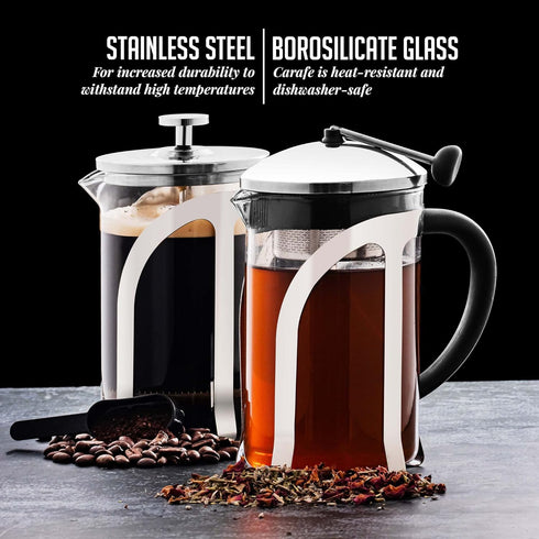 OVENTE 2-in-1 Coffee Press and Tea Maker, High Grade Stainless Steel Infuser, Borosilicate Glass, 27 Ounce, Clear