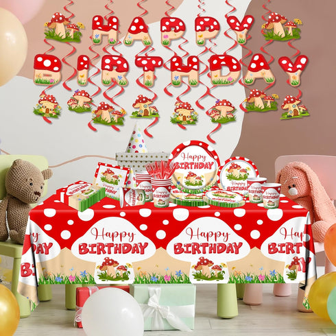 Dydamud 150PCS Mushroom Birthday Decorations, Mushroom Theme Party Tableware Include Plates, Napkins, Tablecloth
