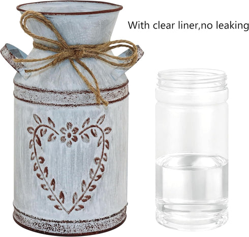 Rustic Shabby Chic Galvanized Milk Can Vase with Handle, Vintage Farmhouse Flower Vase for Centerpieces, 7.7"