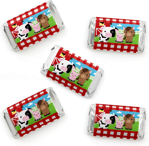 Big Dot of Happiness Farm Animals Mini Candy Bar Wrapper Stickers, 40 Count - Barnyard Baby Shower or Birthday Party