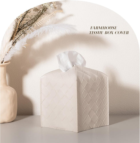 Tissue Box Cover PU Leather Tissue Holder Square Organizer Dispenser for Bathroom, Bedroom, Vanity Countertop, Office, Car, Griege by zoocatia