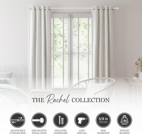 Kenney Rachel Fluted Ball Window Curtain Rod, Adjustable 28-48 Inch, Antique White