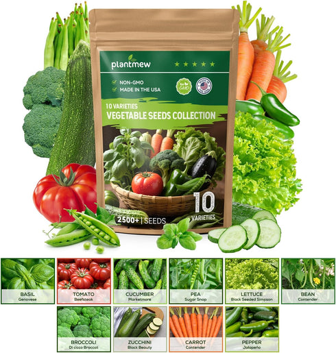 10 Vegetable Seeds Pack - Non GMO, Heirloom - Basil, Snap Pea,