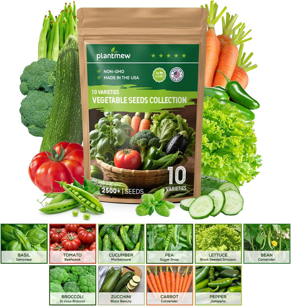 10 Vegetable Seeds Pack - Non GMO, Heirloom - Basil, Snap Pea,