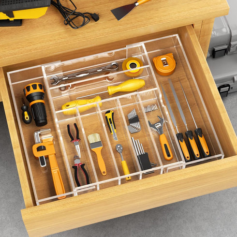 NIUBEE Expandable Kitchen Drawer Organizer for Flatware, Clear Acrylic Adjustable Silverware Tray with 9 Compartments