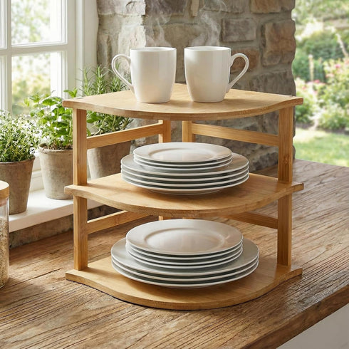 3-Tier Countertop 9.5 9.5 9.5 Inch Goaste Bamboo Corner Shelf, Kitchen Storage Organizer, Cabinet Plate Rack for Pantry