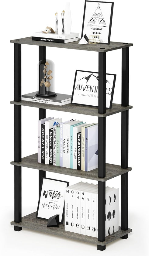 Furinno Turn-N-Tube 4-Tier Multipurpose Shelf Display Rack, French Oak Grey/Black Square Tube
