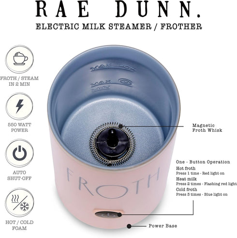 Rae Dunn Electric Milk Frother Steamer, Automatic Milk Steamer and Frother for Coffee, 550 Watt - Blush