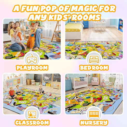 J Rombol 4x6, Educational USA Map Area Rug Playroom Bedroom Classroom Rug for Kids, Stain Resistant Toddler Baby
