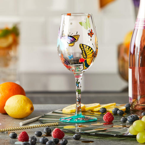 Hand-painted Artisan Wine Glass “Butterflies” by Designs by Lolita, 15 oz.