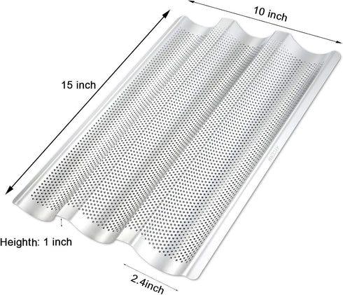 Stainless Steel Perforated Baguette Bread Pan, 15"x10" Loaf Pans for Baking, 3 Waves Toaster Oven Baking Tray (1 Pack)