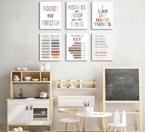 6Pcs Mindset Educational Growth Canvas Wall Art Kids Mental Health Therapy Paintings Positive Affirmations Wall Decor