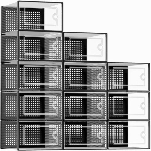 Kuject Large Shoe Organizers, 12 Pack Clear Plastic Stackable Storage Boxes with Lids, Under Bed Shoe Containers, Fit