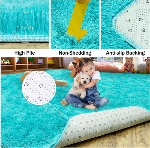 Super Soft Fluffy Rug for Living Room, Modern Shaggy Kids Rug, Plush Indoor Home Decor, Teal Blue, 4 X 6