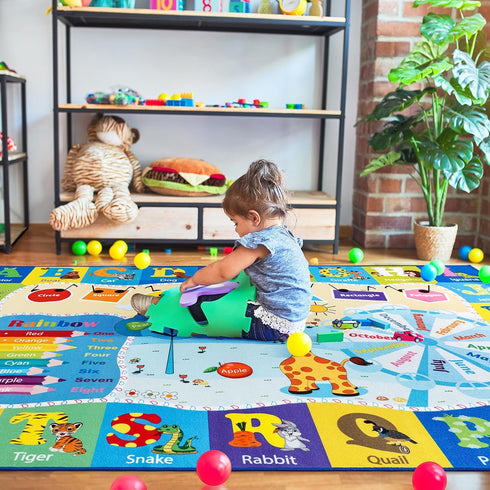 4x6 Playroom Rugs for Kids Washable, Educational and Fun Playmat with ABC Alphabet Animals Shapes Colors, Non-Slip Play