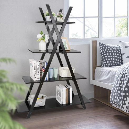 Nouva 4 Tier Ladder Bookshelf Storage Shelves, A Frame Wooden Ladder Open Display Shelves Floor Shlef Storage Furniture