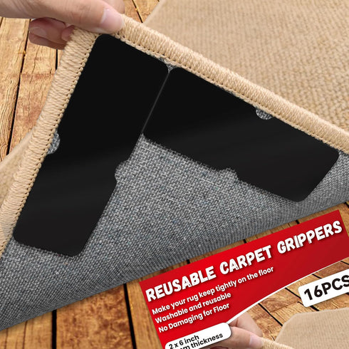 Non Slip Carpet Grippers, Reusable Washable Double Sided Tape Pads for Area Rugs, 16Pcs