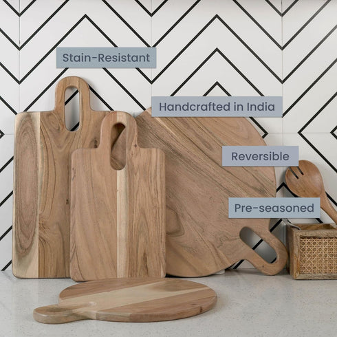 The Fine Living Co. Wood Serveware Board, Acacia Wood Chopping Board for Serving Meat, Fruits, 14”x8” Non-Slip