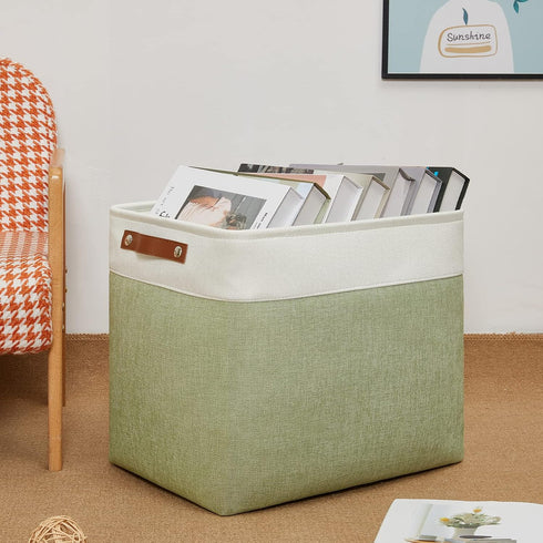 DULLEMELO Large Storage Basket, 17"x12"x15", Fabric Organizer for Clothes, Books, Toys (White & Green)