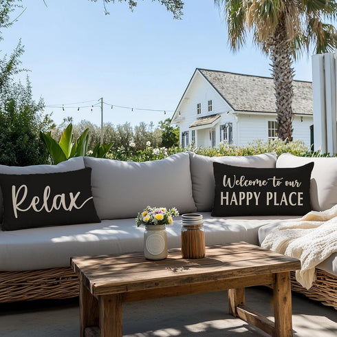 12x20 Inch Decorative Throw Pillow Cover Welcome to Our Happy Place Black White Outdoor Modern Farmhouse Front Porch