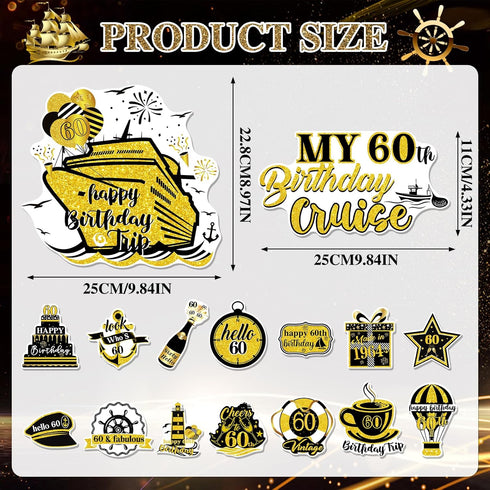 Cruise Door Decorations Magnetic - 16 PCS 60th Birthday Cruise Door Decor Magnets Cheers to 60 Years Birthday Cruise Ship Door Magnet Stickers for Carnival Cabin Refrigerator Party Decor