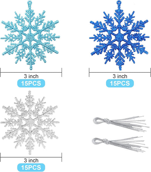 Whaline 45Pcs Winter Snowflake Hanging Ornaments - Glitter Blue Silver Pendants for Christmas Tree Decor