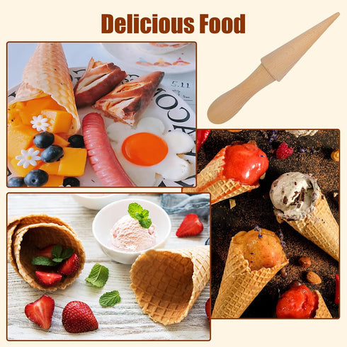 2Pcs Reusable Ice Cream Cone Molds, Wooden Cream Horn Molds for Waffle Cones, Pizzelle Roller, DIY Kitchen Cooking