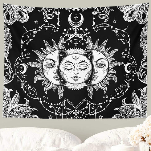 Ftuency Black and White Sun and Moon Tapestry, Mystic Burning Sun Wall Hanging Decor for Bedroom (59" W x 51" L)
