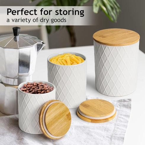 Set 3 Sets Counter, Set MIAMIO of Canister for Kitchen Ceramic Kitchen Canister with Airtight Seal Wooden Lid - Perfect