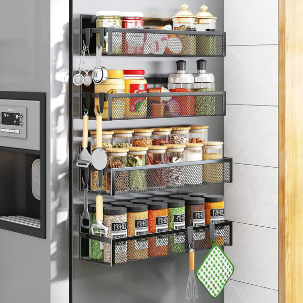 Magnetic Spice Rack for Refrigerator, 4 Pack Magnetic Shelf with Moveable 8 Hooks, Kitchen Organization