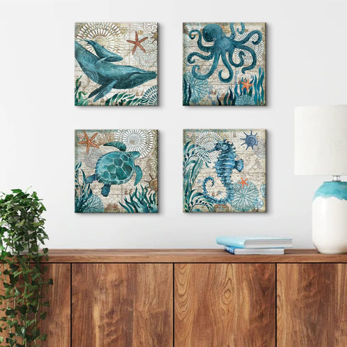 Bathroom Wall Art Beach Decor – Ocean Sea Turtle Octopus Canvas Pictures, Teal Bathroom Accessories, Nautical Painting