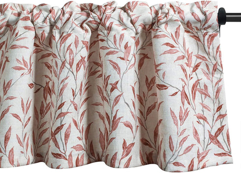 VOGOL Valances for Kitchen, Red Leaf Print Linen Textured Curtain Panel, Rod Pocket, 52x12, One Panel