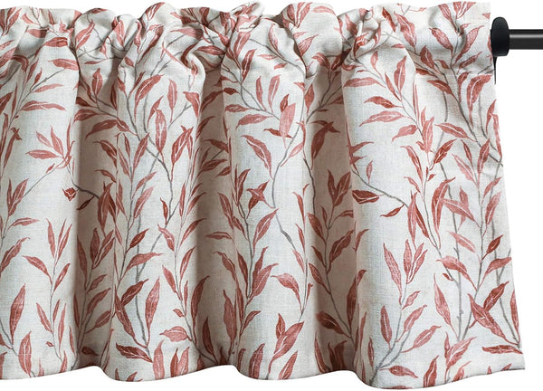VOGOL Valances for Kitchen, Red Leaf Print Linen Textured Curtain Panel, Rod Pocket, 52x12, One Panel