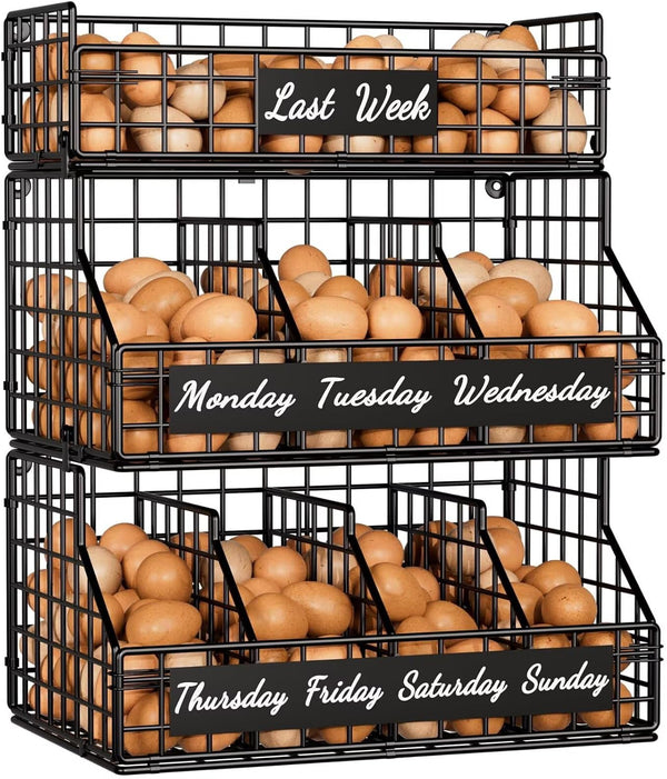 Egg Holder Countertop with Dividers & Labels, 3 Tier Stackable Chicken Egg