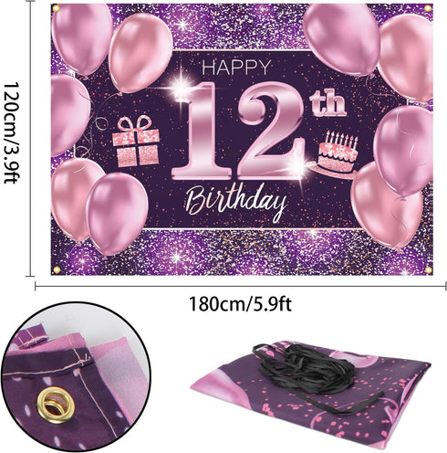 Happy 12th Birthday Banner Backdrop - 12 Party Decorations Supplies for Girl - Pink Purple Gold 4 x 6ft