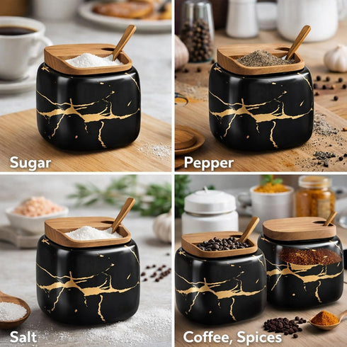 Marble Ceramics Sugar Bowl Ceramic Seasoning Box Ceramic Spice Jars Porcelain Condiment Pots with Lid and Spoon (Black)