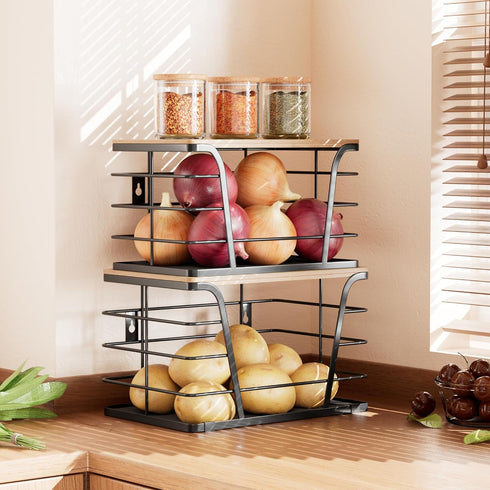 2 Pack Potato and Onion Storage Bins, Stackable Kitchen and Pantry Organizer with Bamboo Top & Lightweight PP Mat