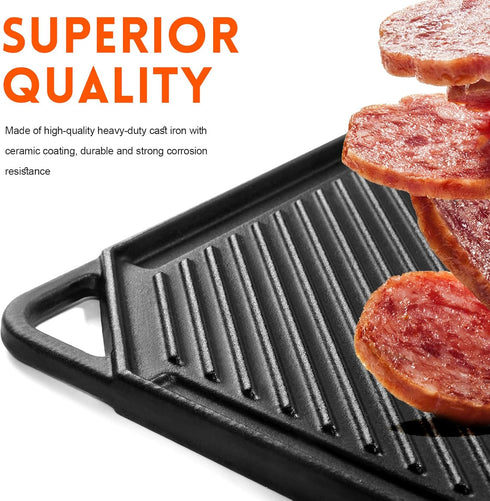 GGC Cast Iron Griddle for Gas Stove, Reversible Griddle Plate for Outdoor and Indoor Cooking, 20 x 10