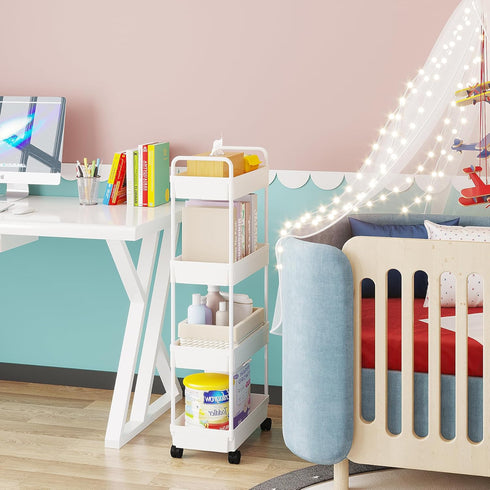 Buzowruil Rolling Storage Cart, 4 Tier Mobile Shelving Unit with Wheels for Kitchen, Bathroom, and Laundry, White.